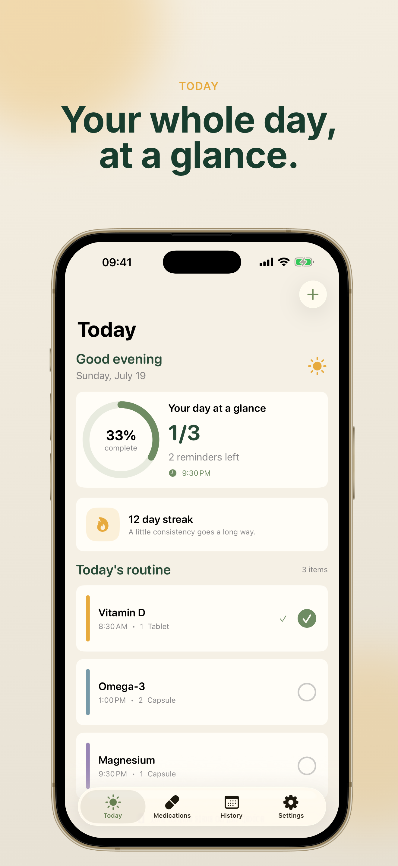 NuraDay Today view showing daily medication schedule at a glance