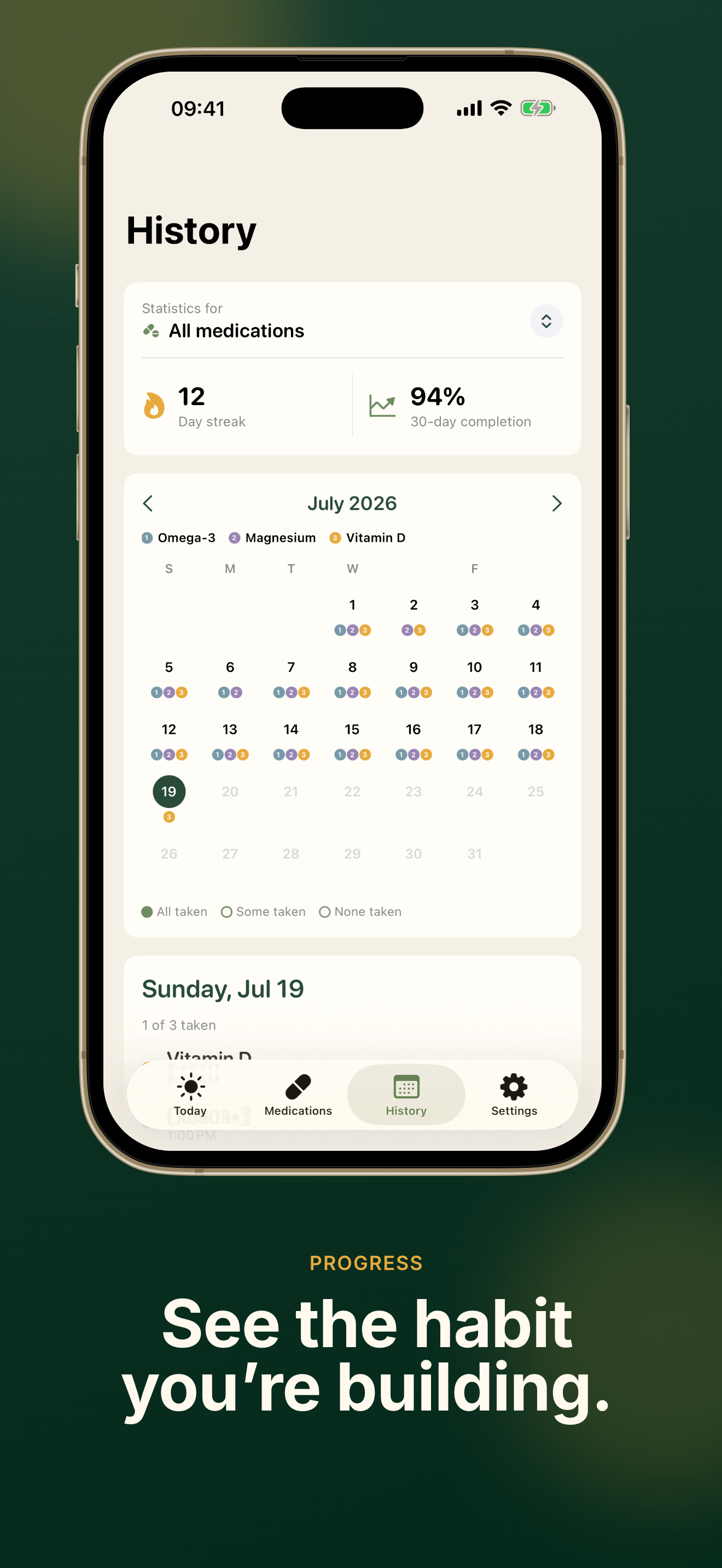 NuraDay progress view showing completion rate and daily streak