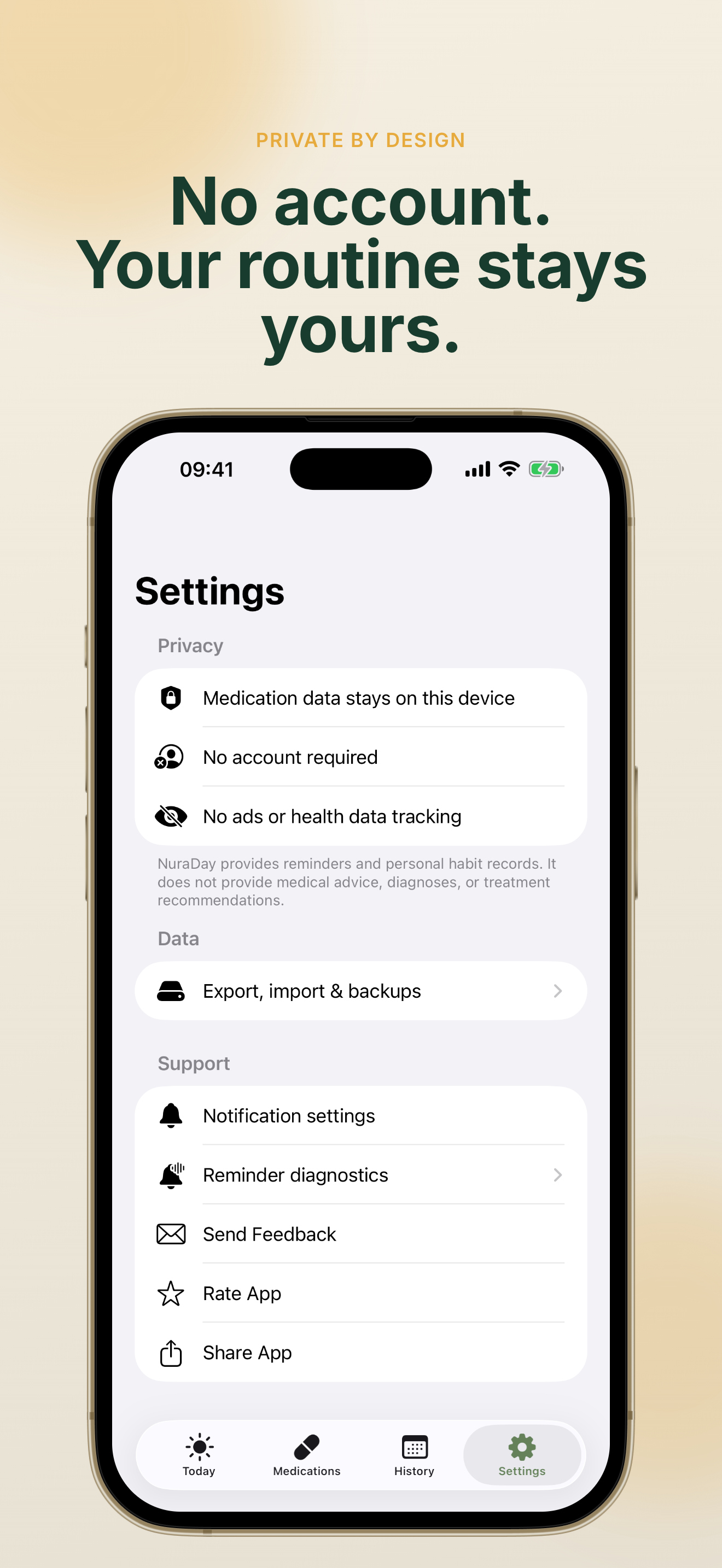 NuraDay privacy-first design with no account required