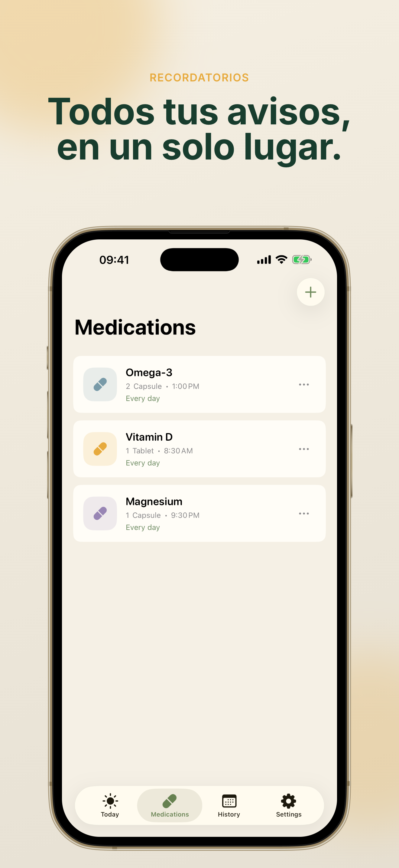 Lista de medicamentos de NuraDay con recordatorios organizados en un solo lugar