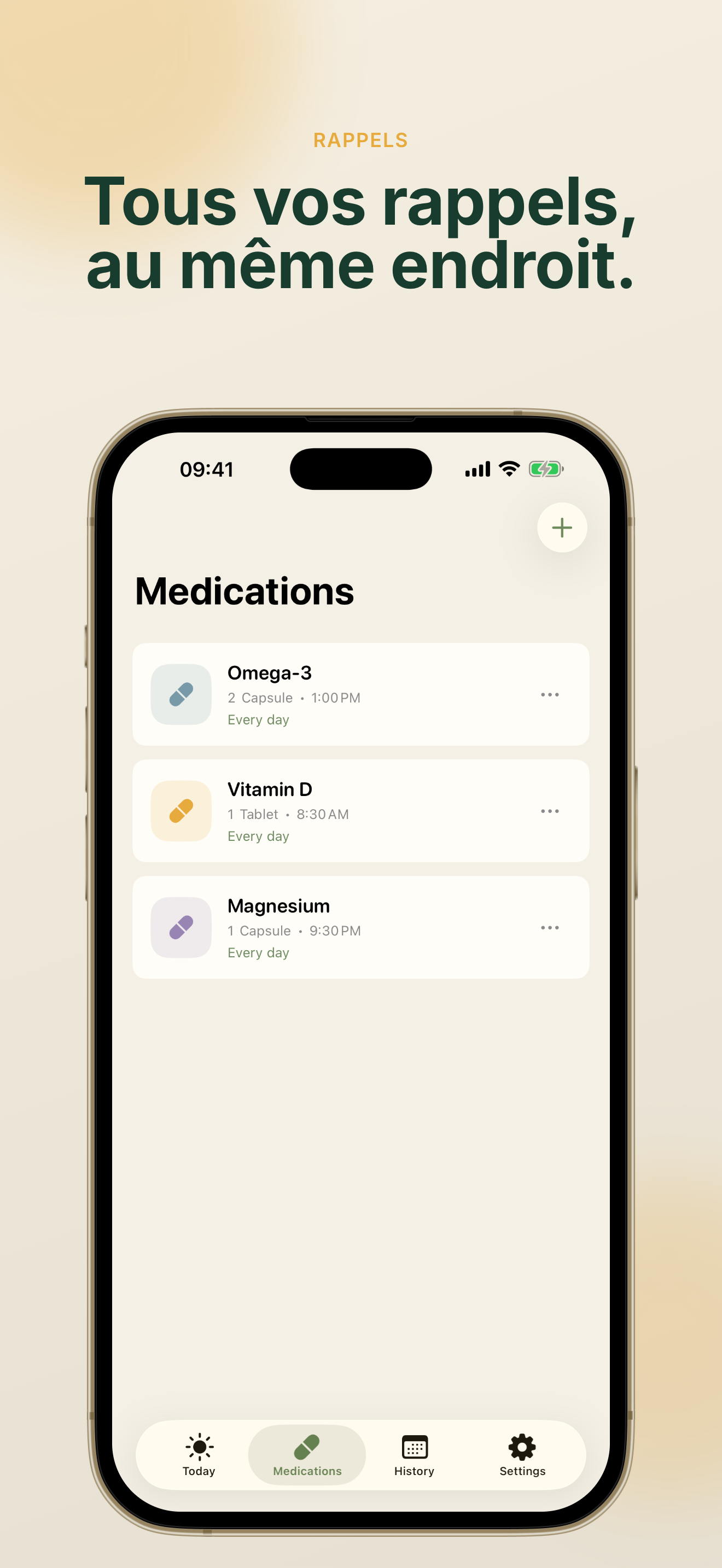 Liste de médicaments NuraDay avec rappels organisés en un seul endroit