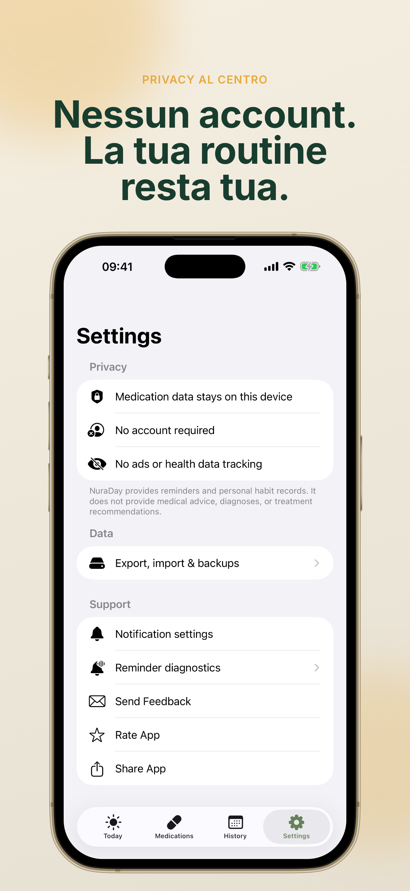 Design attento alla privacy NuraDay senza account richiesto