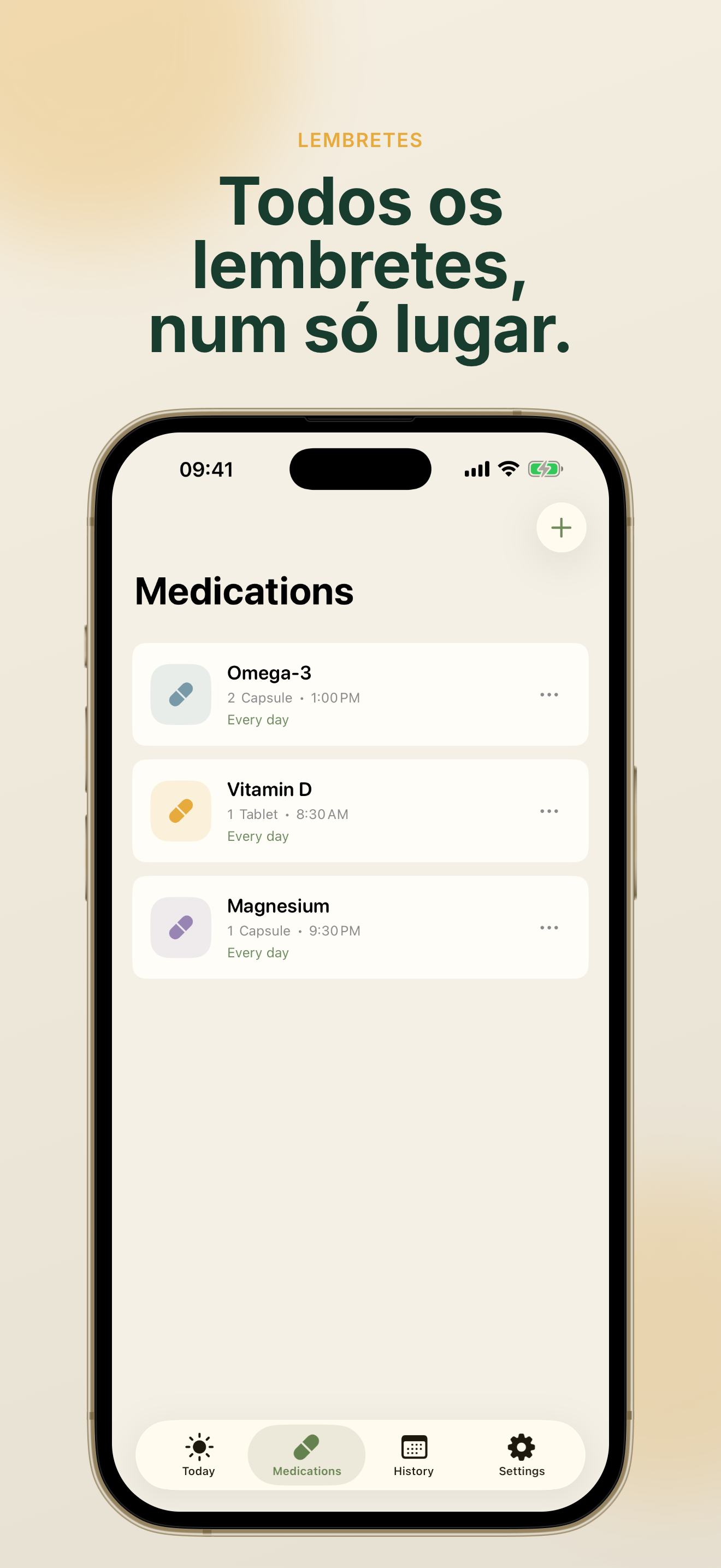 Lista de medicamentos do NuraDay com lembretes organizados em um só lugar