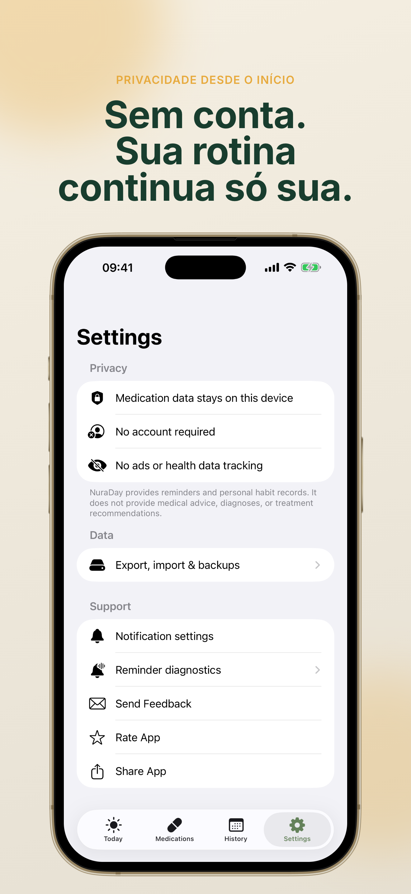 Design focado em privacidade do NuraDay sem conta necessária